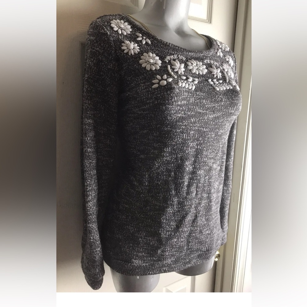 INC International Concepts White Floral Beaded L/S-Pull Over Sweater Top-Size M
